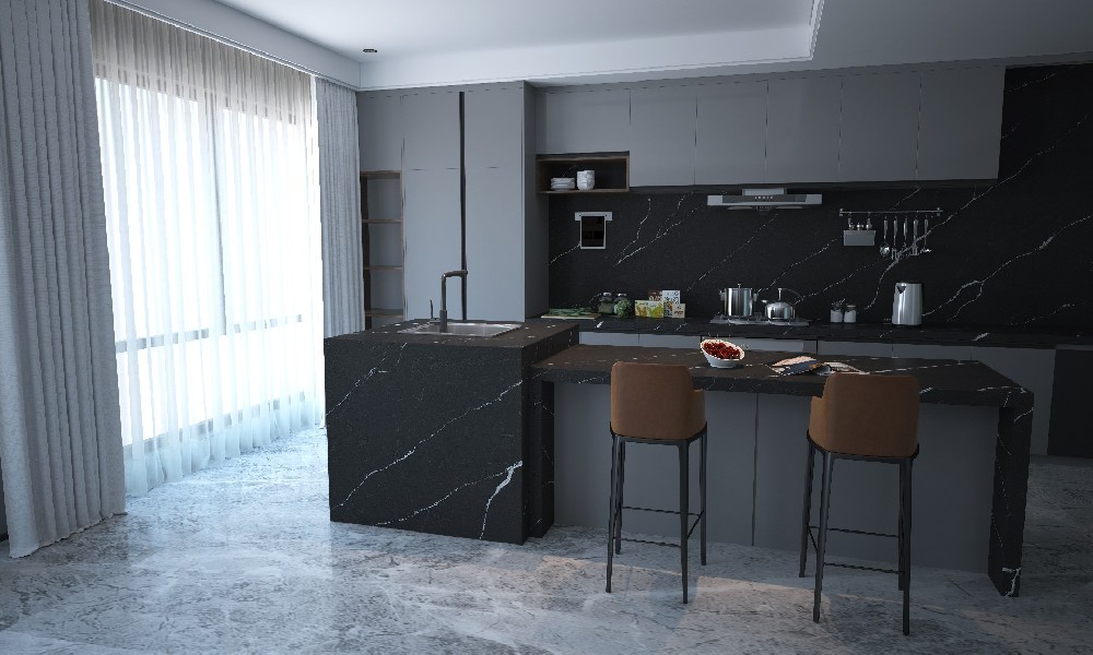 V312  Lavenda     Dark Gray Quartz with White Linear Veins