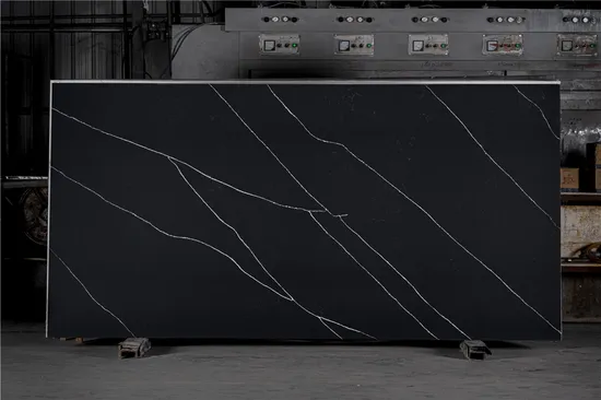 Black Engineered Stone with Marble Texture Quartz Slab